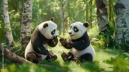 Two giant pandas sit on the forest floor, happily munching on bamboo shoots