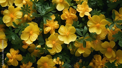 Background of a mix of delicate yellow adonis blossoms and fresh green leaves