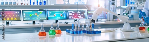 Scientist analyzing chemical reactions in a futuristic lab, surrounded by holographic data displays, Science Study, Invention