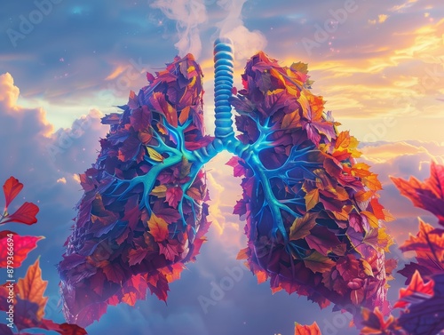 Artistic rendering of human lungs composed of vibrant, multicolored leaves against a colorful sky background filled with dramatic clouds and sunlight rays. The central trachea and bronchi glow neon