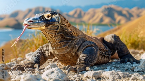 Komodo Dragon on Komodo Island- A massive Komodo dragon basks in the sun on the rocky shores of Komodo Island. Its rough