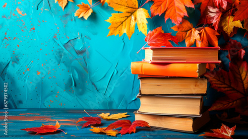 Blue background with textbook and maple leaves, side view. Back to school banner for Knowledge Day