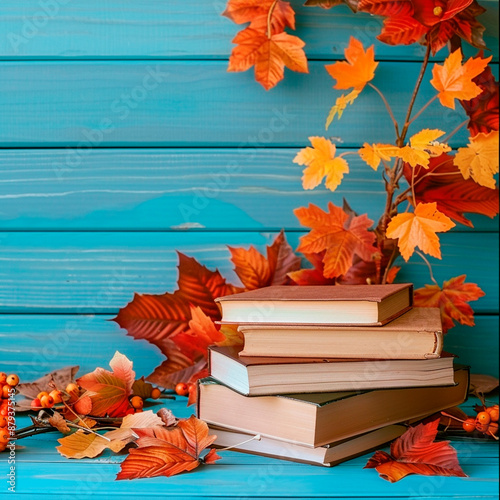 Blue background with textbook and maple leaves, side view. Back to school banner for Knowledge Day