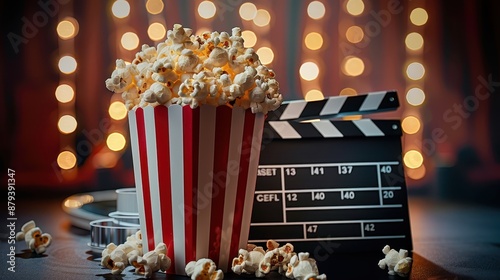 A striped popcorn bucket along with a movie clapper, both surrounded by a warm bokeh-lit background symbolizing the excitement and enjoyment of watching movies in a cozy ambiance.