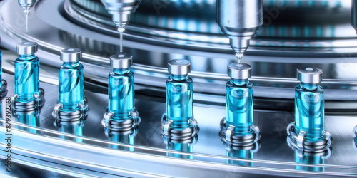 Pharmaceutical manufacturing process. Drug conveyor with medical glass bottles line at modern plant. Vaccine production, pharmacology, medicine industry, pharmacy. Healthcare, pharma, drug ampoules 3D