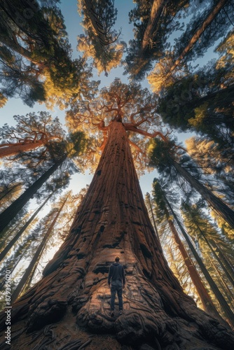 Ancient giant sequoia with person at base for scale. Photographed with Canon EOS R5, 11-24mm f/4 lens, vertical composition. Dappled sunlight through canopy. 