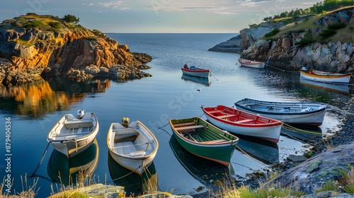 Small fishing boats moored in a quiet bay picture