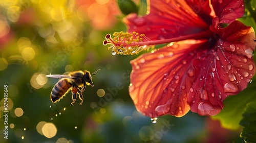 Nectar dripping from a bright red hibiscus flower img