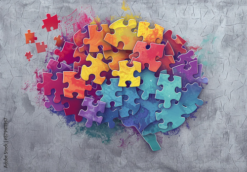 A Colorful Puzzle Piece shaped like the human brain. Against an Isolated Grey Background. - Symbolizing mental health and awareness. 