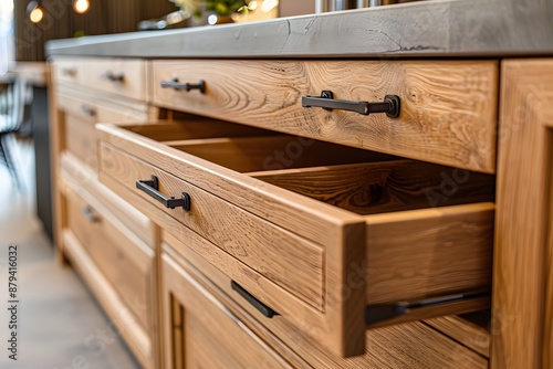 Modern Wooden Kitchen Cabinets with Open Drawers