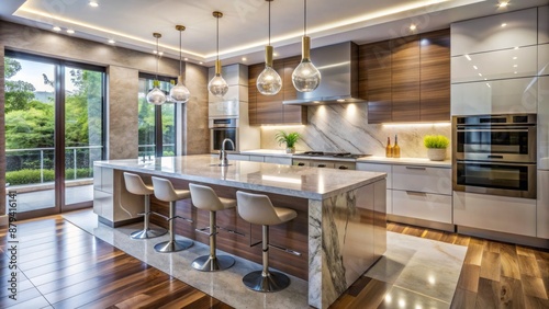 Sleek, high-gloss cabinetry, marble countertops, and pendant lighting fixtures illuminate the expansive, minimalist space of a contemporary kitchen design.