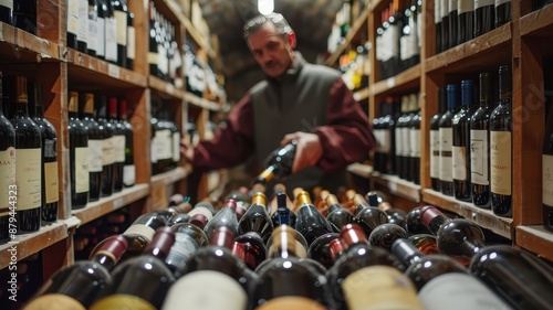 A man selecting a wine bottle in a cellar filled with various wines, showcasing a wide range of wine options for connoisseurs and enthusiasts.
