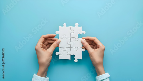 Hands holding pieces of a white jigsaw puzzle over a blue background, symbolizing problem-solving, teamwork, and strategy.