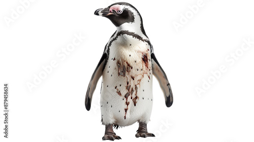 Close-up of a standing penguin isolated on a white background, showcasing its natural markings and unique features.