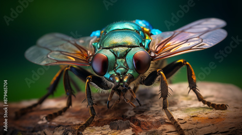 Close-Up of Iridescent Fly with Detailed Compound Eyes and Metallic Body