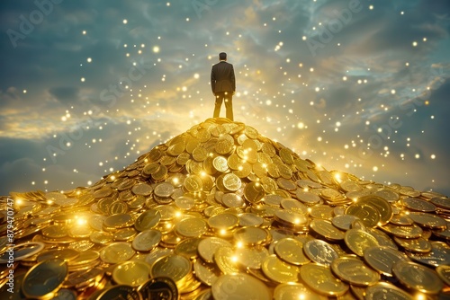 triumphant businessman stands atop a mountain of shimmering gold coins symbolizing success and wealth dynamic lowangle shot with dramatic lighting emphasizes power and achievement