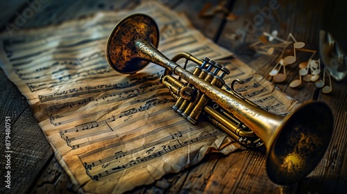 This image clearly captures a detailed shot of a beautifully patinated trumpet carefully placed on yellowing, aged music sheets, representing timeless classical music.