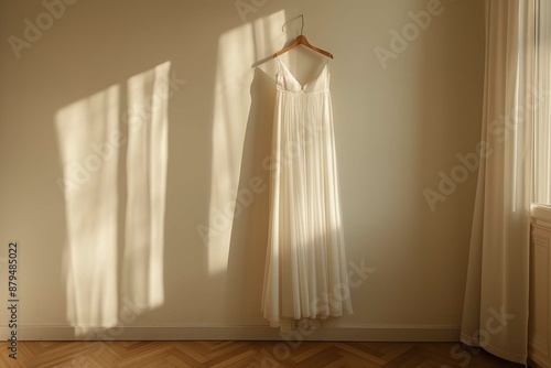 simple elegant wedding dress hanging in a minimalist setting