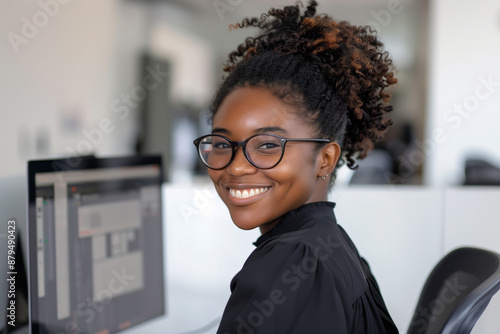 A cheerful African American woman wearing glasses sits at her desk with a computer screen. She exudes professionalism and confidence