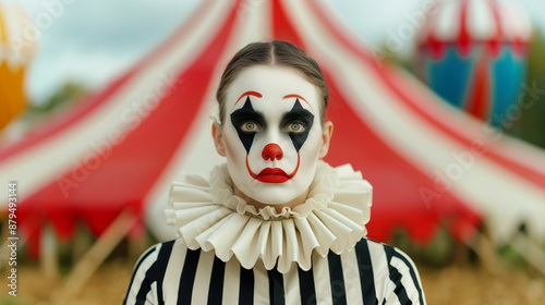 A model in a vintage circus performer costume, with a sinister clown makeup and striped outfit, standing in front of a spooky, dilapidated circus tent 