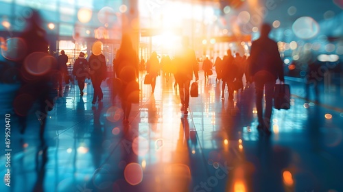 Busy business people crowded walking in the airport with blurred lights in the background banner for design copy space.