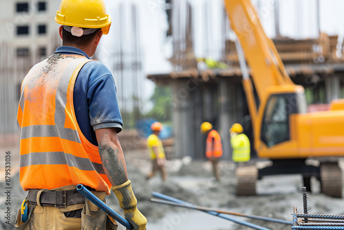 Worker Guiding Heavy Machinery on Construction Site 