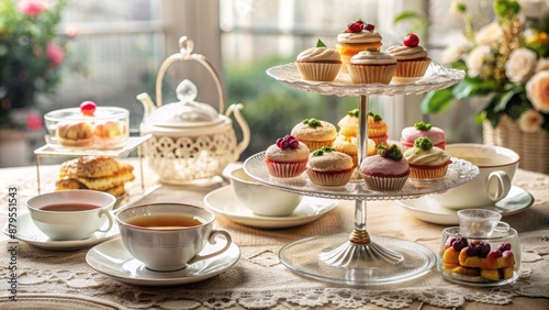 Elegant transparent afternoon tea set with delicate china cups, saucers, and tiered server displaying sweets on a lace tablecloth background.