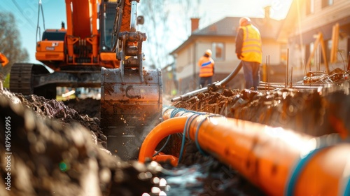 Detailed photojournalistic capture of a construction site under soft natural sunlight, showcasing workers maneuvering around heavy machinery and orange piping in trenches near a house