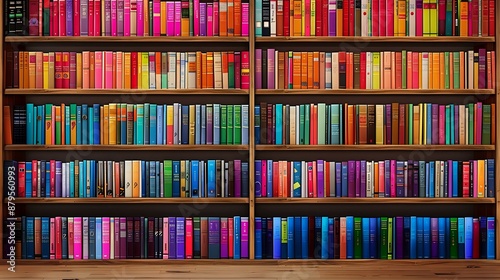 Bookshelf filled with a vibrant array of books in various colors, showcasing organization and diversity. Perfect for themes of literature, education, and home decor.