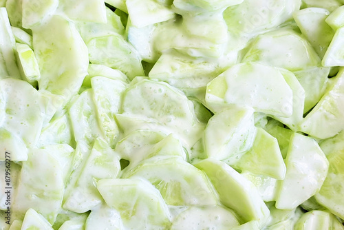 Close-up of mizeria: sliced cucumbers in creamy sour cream dressing. Traditional Polish salad, fresh and delicious. Perfect for a healthy and refreshing side dish