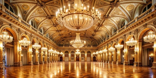 Golden Ballroom with Crystal Chandeliers, Wide Angle, Interior Design, Architecture, Palace, Ballroom, Chandelier, Interior