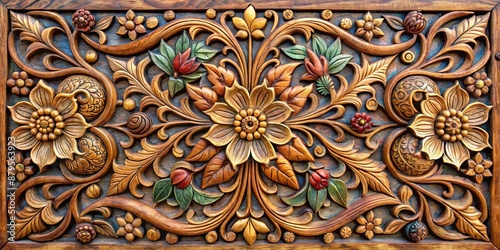 Intricate Floral Wood Carving, Intricately carved floral pattern on a wooden panel, intricate wood carving, floral wood carving, wood art , wooden panel, art , decoration, carving