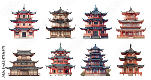 Japanese pagoda set. Asian temple. Chinese house collection. Traditional east architecture style landmark. Isolated vector clipart