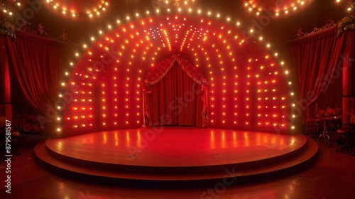 Empty round stage illuminated by spotlights with closed red curtains, waiting for the beginning of a performance in a vintage cabaret