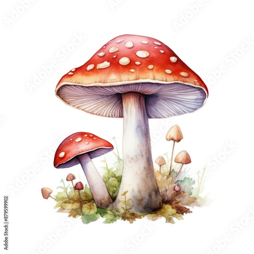 A red mushroom amanita with white spots sits on a white background