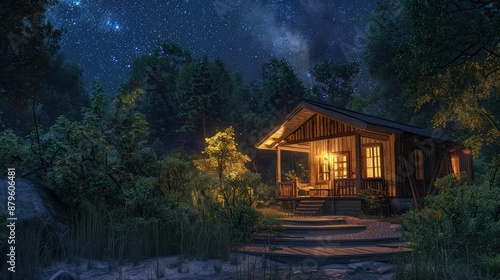 A vintage-style wooden house seen from the back, with a small, illuminated porch and steps leading into the surrounding forest. The scene is set under a starry night sky, adding a mystical feel.