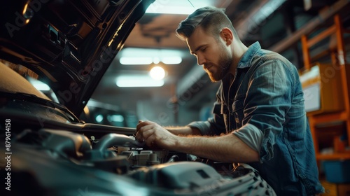 American automotive mechanic man open a car hood and check up the engine. Attractive vehicle service manager worker work in mechanics garage