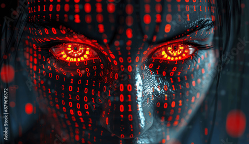 Close-up Portrait of Genderless AI Face with Red Glowing Eyes, Binary Code, Cybernetic Evil Threat, Digital Horror Concept, Cyberpunk Style