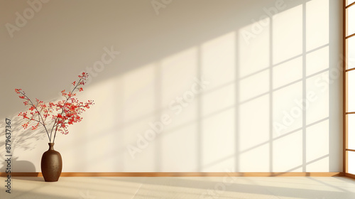 Japanese tokonoma alcove with a scroll, ikebana arrangement, and wooden furniture, traditional Japanese, artistic focal point