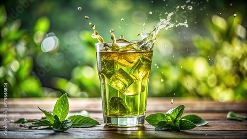 Refreshing iced green tea with mint on a wooden table in a lush green garden setting