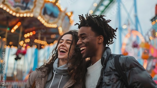 Happy couple having fun at amusement park in London Portrait of young couple in love enjoying time at funfair with rollercoaster on background Happy lifestyle and love concepts : Generative AI