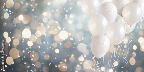 Festive nobel white balloons. Weddings, anniversaries, birthdays, graduation, corporate events. The concept of an exquisite and magical holiday. Copy space. Card, invitation, banner, flyer, background