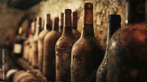 A row of dusty wine bottles in a dark cellar.