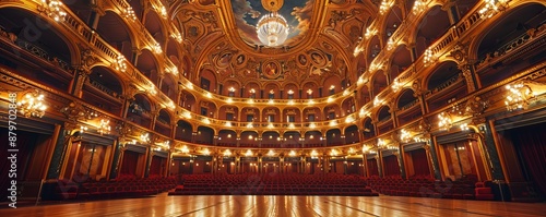 Grand opera house with opulent interior, illuminated chandeliers, and music