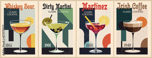 Cocktails retro poster set. Dirty Martini, Whiskey Sour, Martinez, Irish Coffee. Collection of popular alcohol drinks. Vintage flat vector illustrations for bar, pub, restaurant, kitchen wall art.