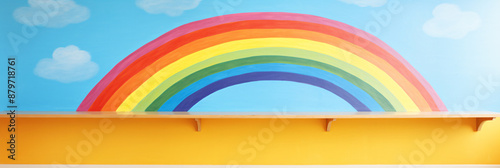 Brightly colored rainbow painted on a wall with a blue background and white clouds, evokes a cheerful and optimistic mood.