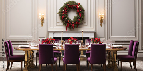 Elegant dinning room set for Christmas with purple chairs and red and green centerpiece.