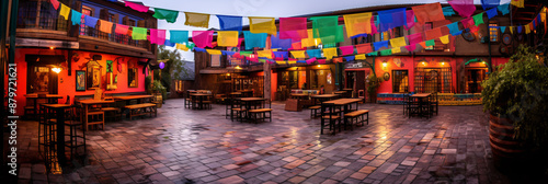 Vibrant Mexican style courtyard with colorful paper flags for a joyful fiesta