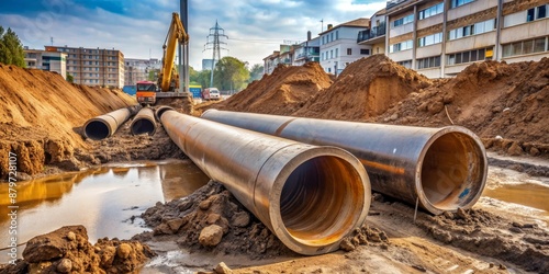 Large Pipes Laid Out During Construction in City, excavator, pipeline, construction, engineering