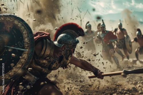 Ancient Roman battle scene with armored soldiers in intense combat.